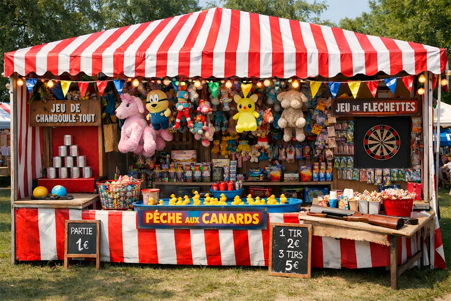 Stand de jeux coloré installé lors d'une kermesse